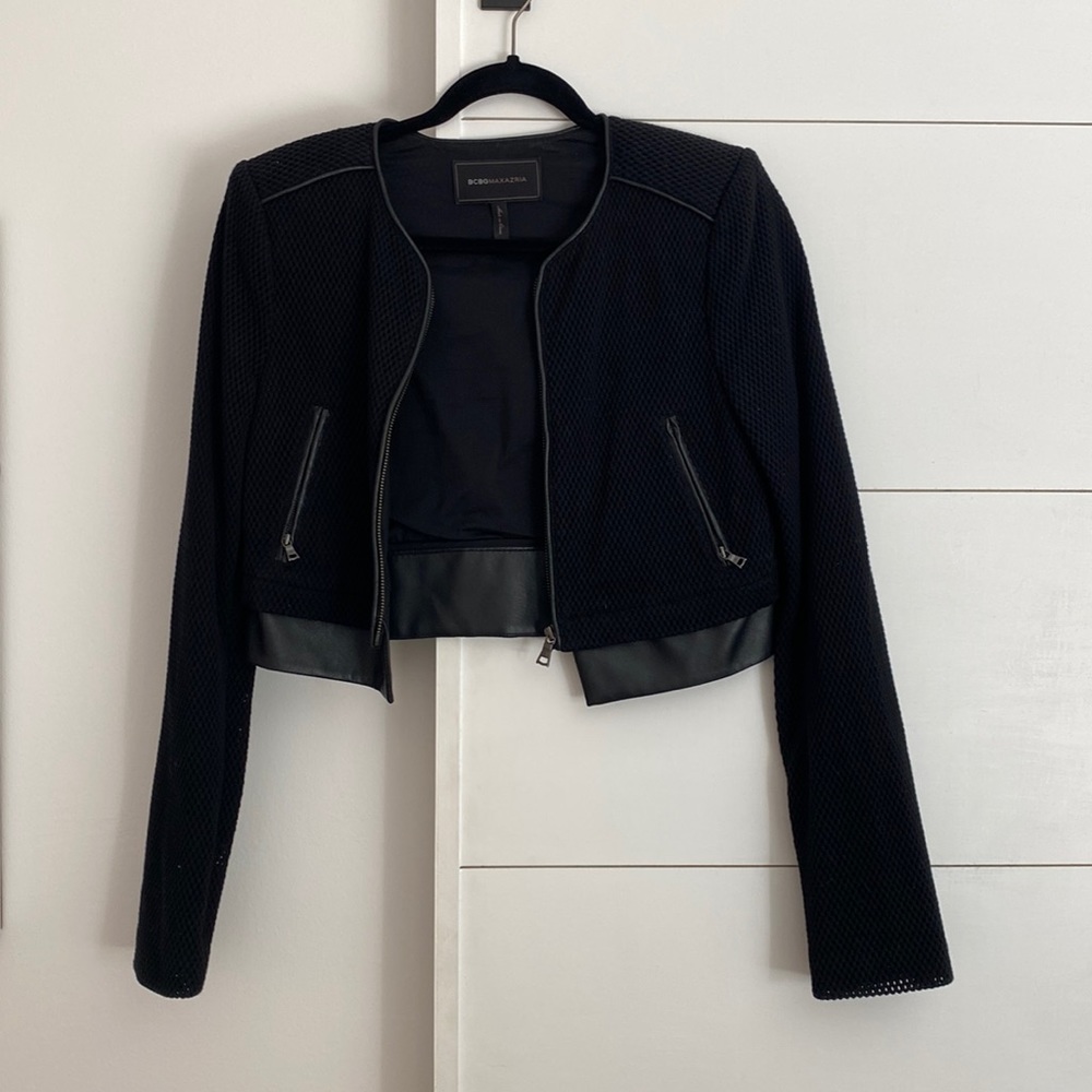Cropped BCBG perforated blazer with leather trim